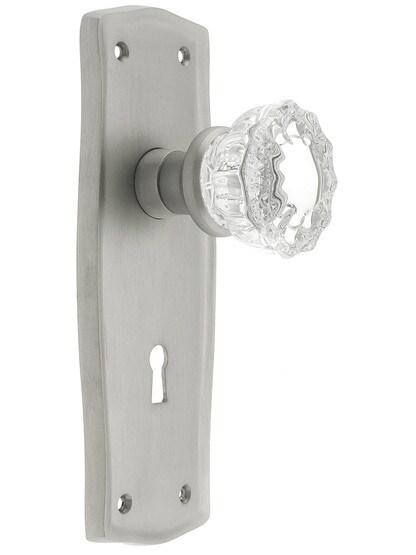 Prairie Design Mortise Lock Set With Fluted Crystal Door Knobs in Satin Nickel.